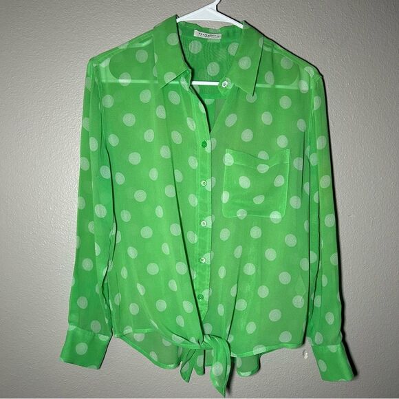 Equipment green polka dot 100% silk button down sheer blouse women’s size XS - Picture 1 of 11